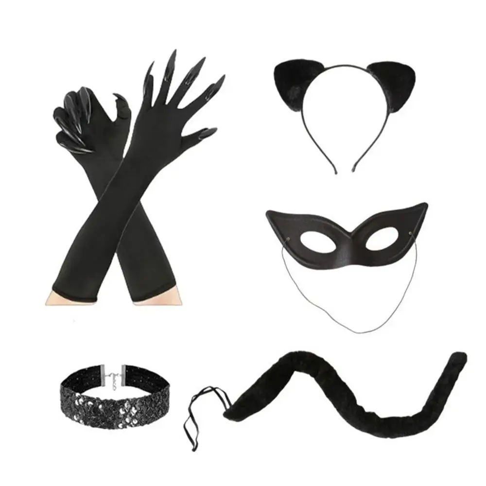 Divertente Halloween Cat Ears Mask and Tail Set fascia Sexy, guanti, collana Wild Cat Cosplay Outfit regali per le donne