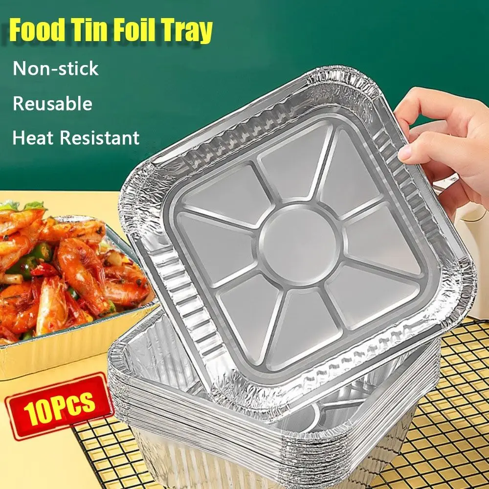 10Pcs 6/7/8 Inch Food Tin Foil Tray Non-stick Oven BBQ Baking Tools Aluminum Foil Box Oil-resistant Reusable Air Fryer Tray