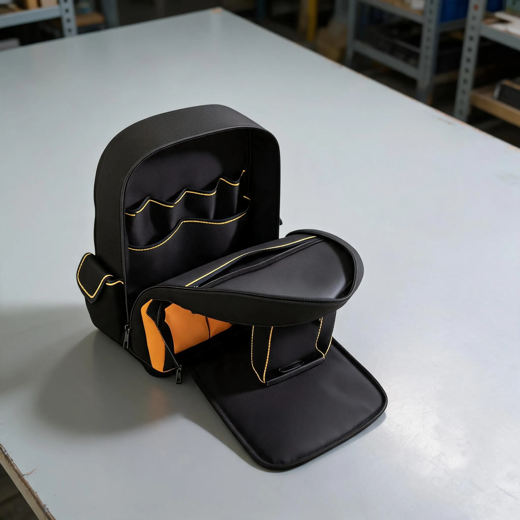 Construction Tool Backpack Made of Thick Oxford Cloth with Sturdy Base Reflective Elements and Structured Compartments for Tools