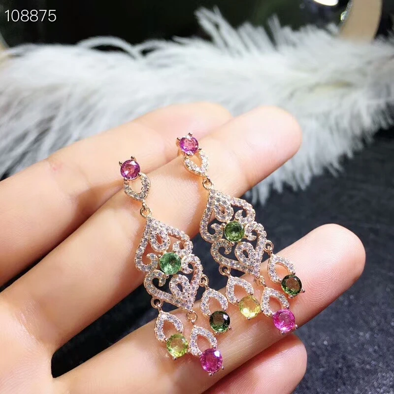 MeiBaPJ Natural Brazil Pinkycolor Tourmaline Gemstone Colorful Drop Earrings Real 925 Solid Silver Fine Charm Jewelry for Women
