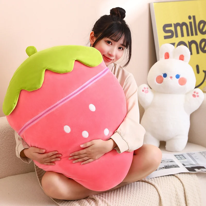 

30-80cm Plush Toy Stuffed Soft Rabbit Pig Hiding in Strawberry Bag Creative Fruit Animal Pillow Toys Gift