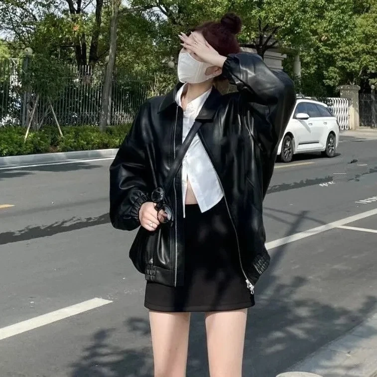 Women's Loose Black PU Leather Jacket 2025 Versatile Biker Style American Retro Coat Outerwear