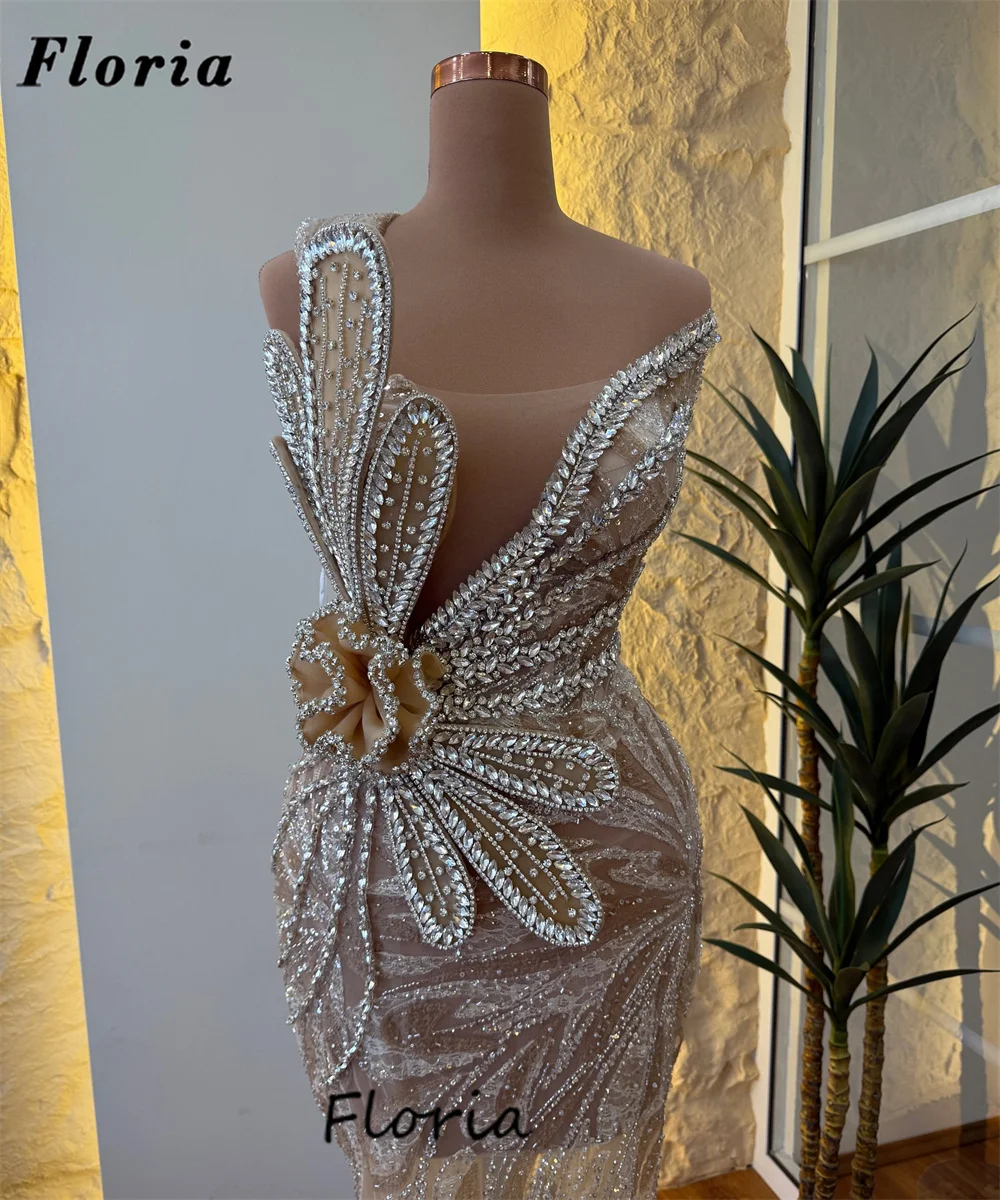 

Luxury Illusion Beaded Prom Dresses Arabic Female Crystals Evening Wear Gowns Engagement Party Dress Robes De Soirée Customized
