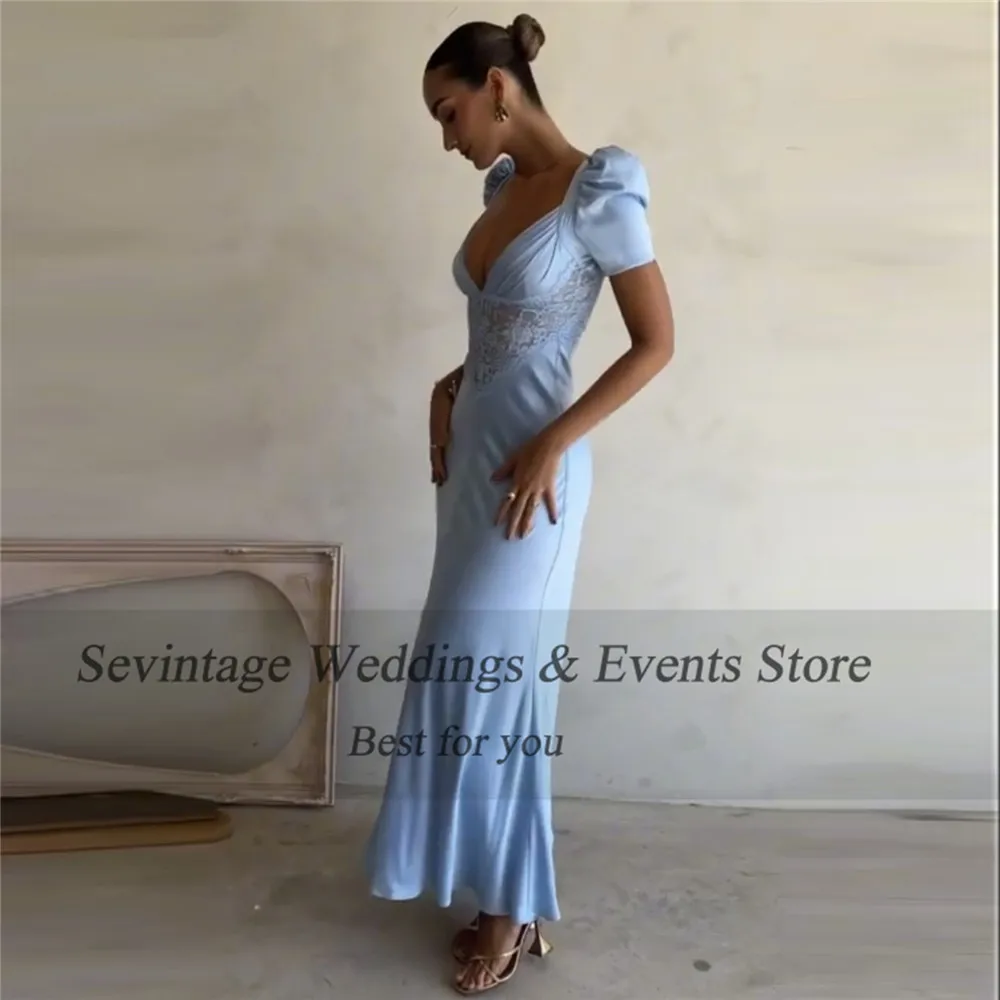 Sevintage Elegant Baby Blue Mermaid Prom Dress Satin Deep V-Neck Lace Ankle Length Sheath Evening Dress vestido de gala 2024