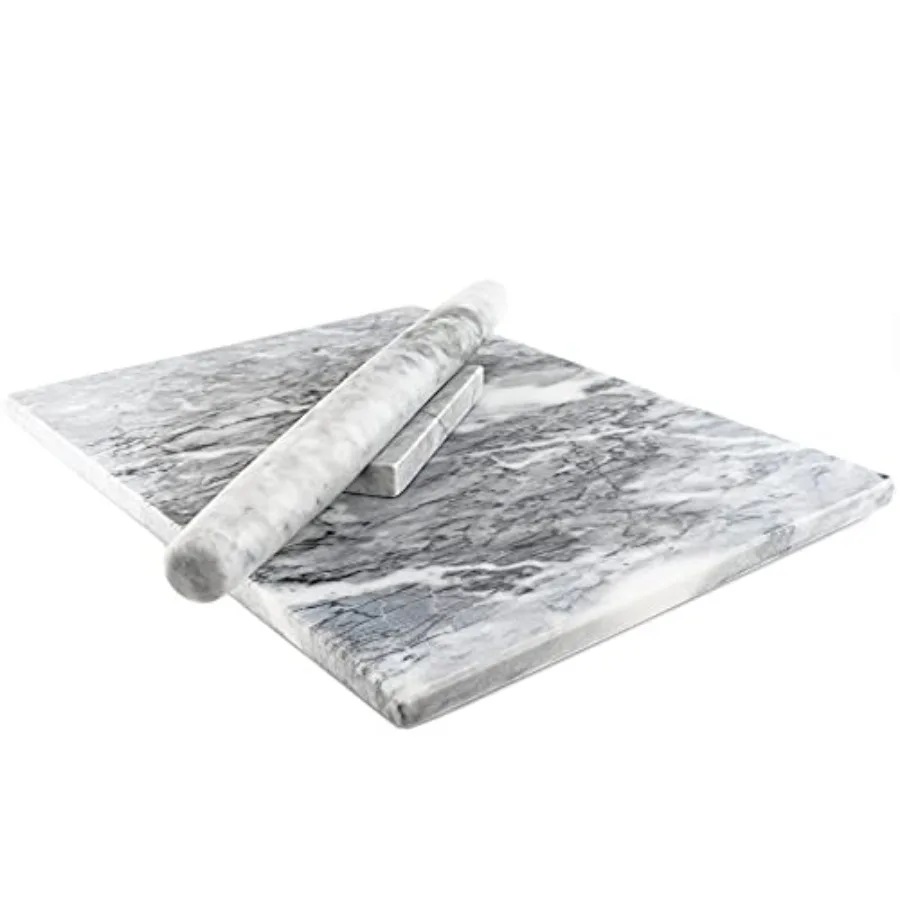 

Marble Pastry Board and French Rolling Pin Set 16" x 12" Chilling Slab + 16" Rolling Pin Non-Slip Feet Ideal for Baking Cheese