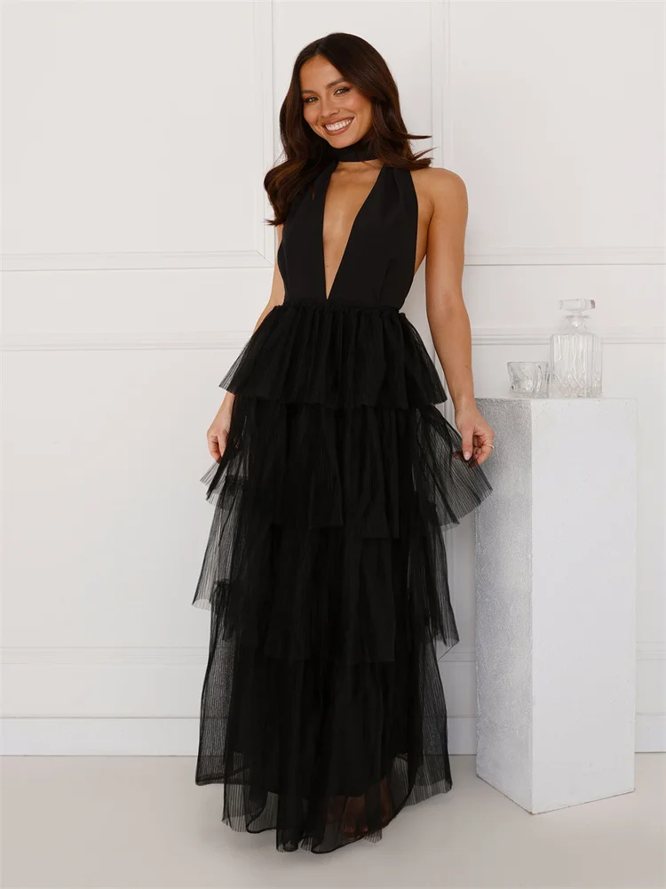 New Arrival Tie-Up Halter Neckline Sleeveless Tulle A-Line Evening Dress Elegant Open Back Floor Length Ruffles Gown For Women