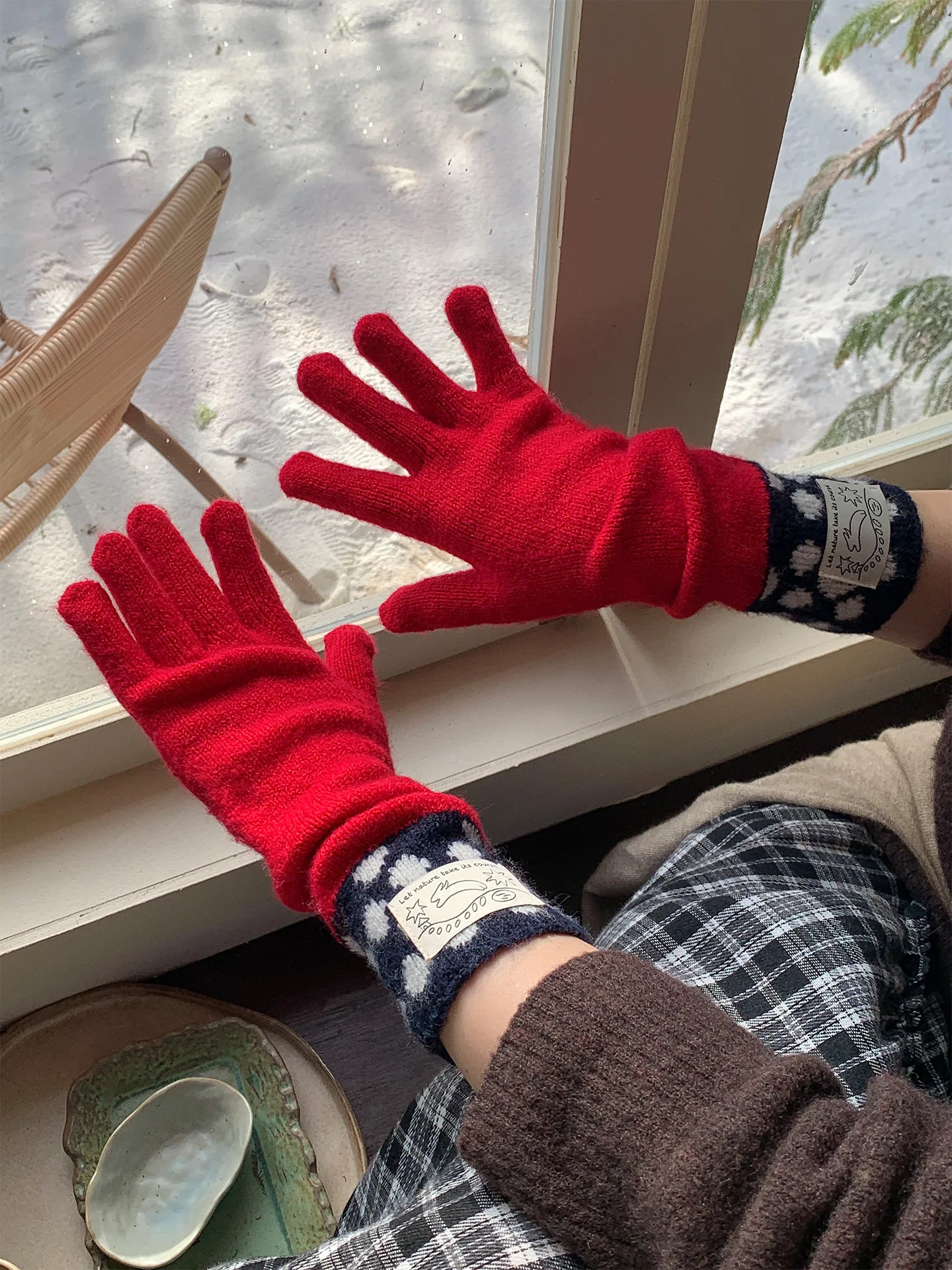 Korean Style Thickened Knitted Red Gloves Women's Cycling Fingerless Gloves Autumn Winter Warmth Comfortable Soft Casual Hand...