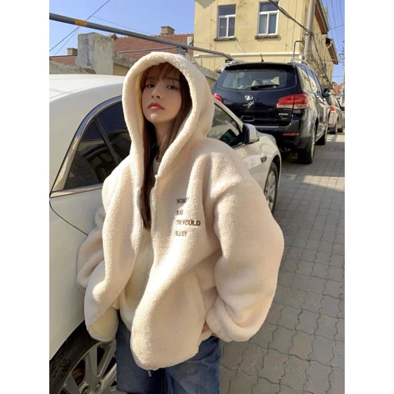 

Winter Korean Style Lambswool Outerwear Female Letter Embroidery Loose Cardigans Fleece Drop Long Sleeve Hooded Hoodies