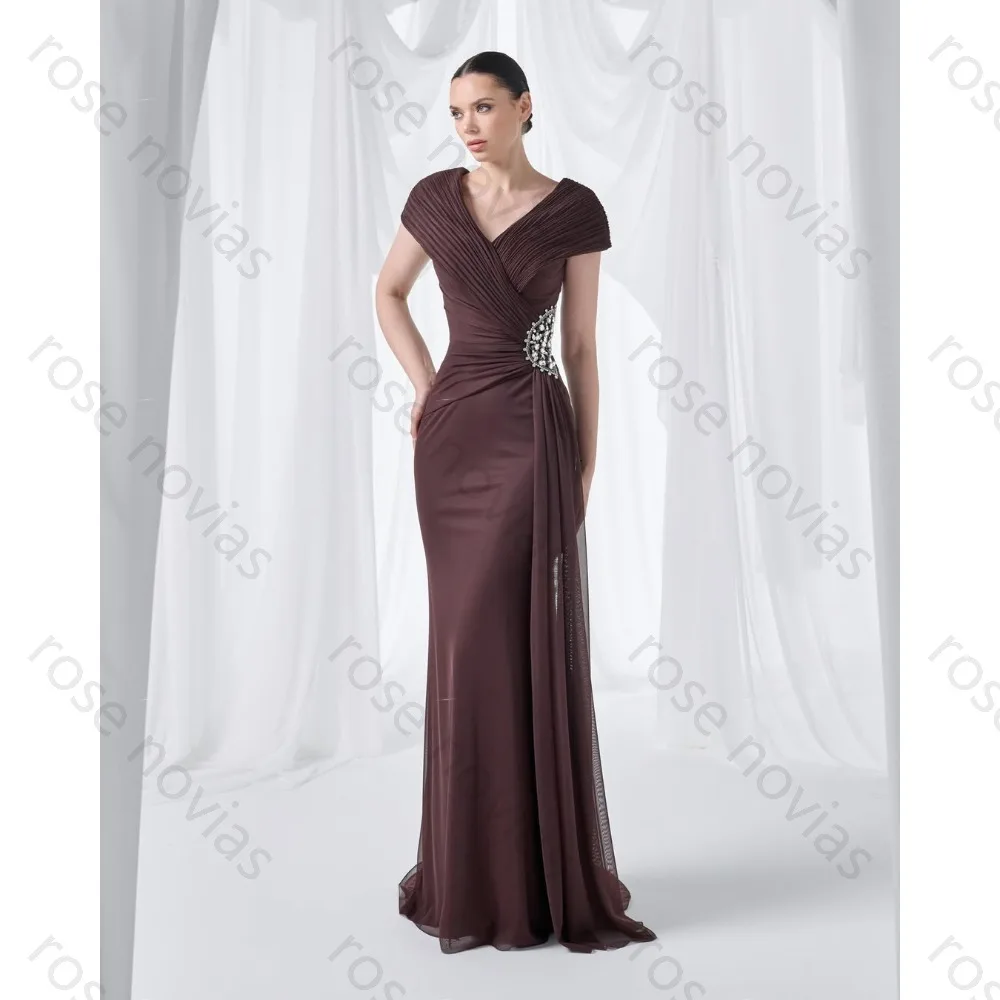 Dark Chocolate Brown Deep V Neck Pleated Short Sleeve Waist Rhinestone Buckle Draped Chiffon Train Bodycon Mermaid Formal