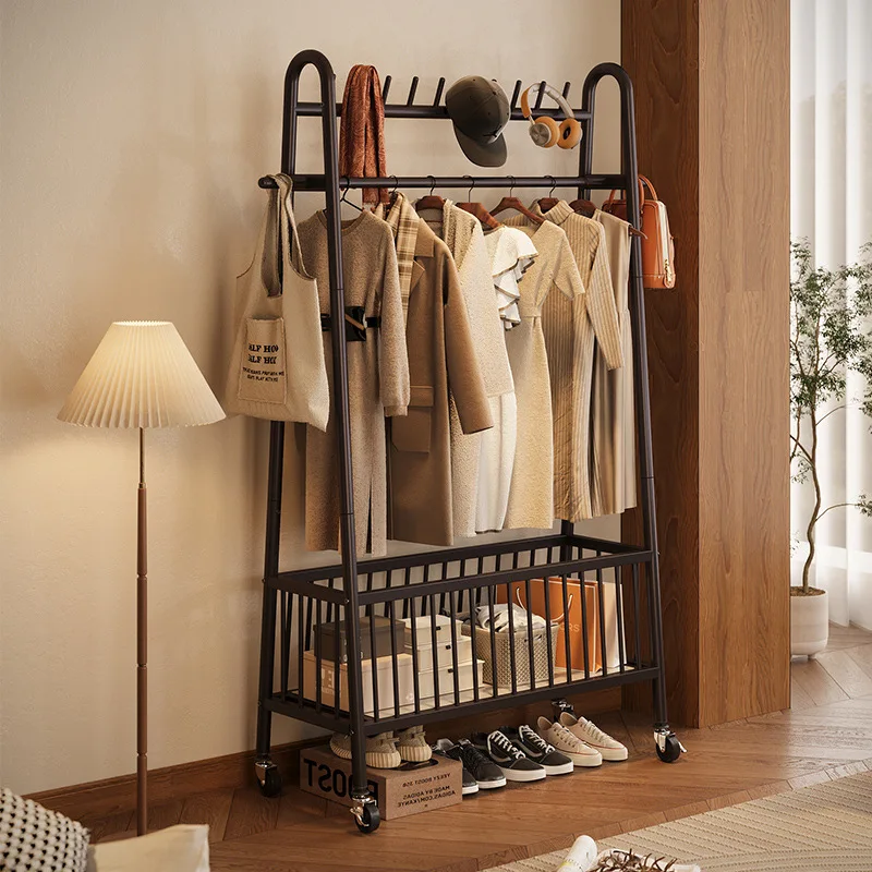 Cabide simples, rack de quarto, cabide móvel interno, rack de armazenamento de roupas de quarto, rack de secagem de ferro forjado para varanda.