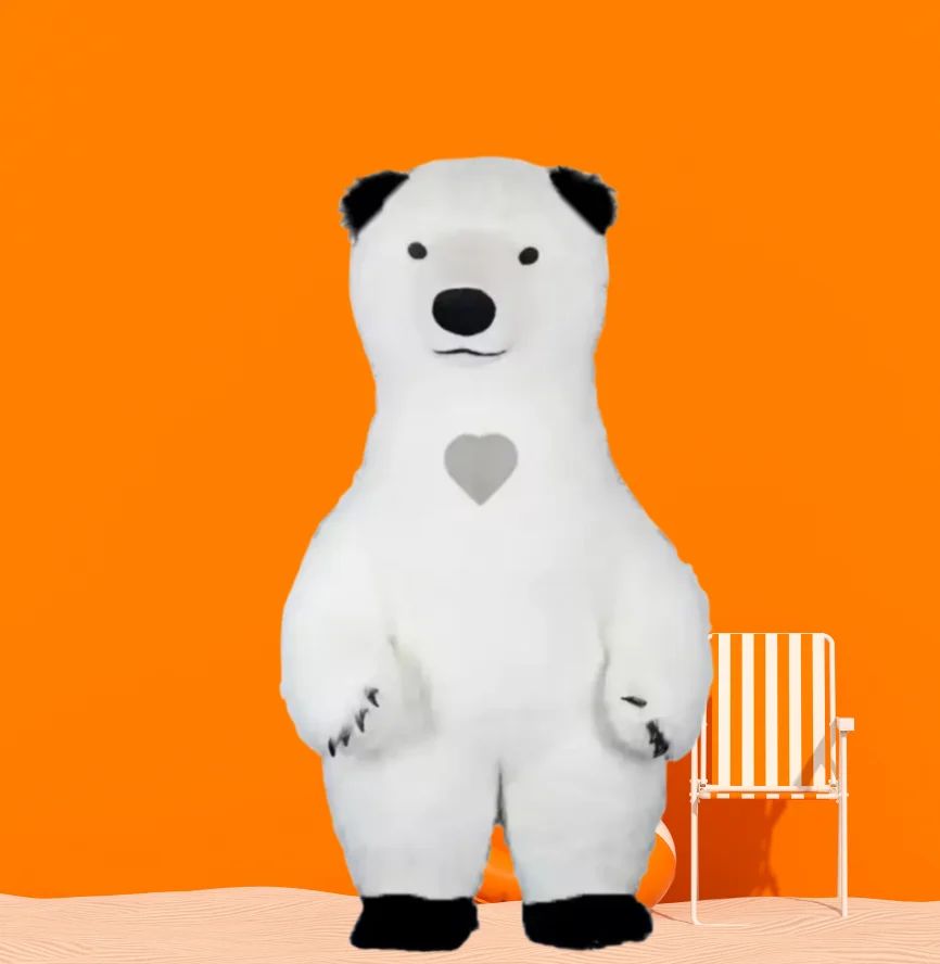 

Гигантский плюшевый надувной костюм белого полярного медведя с черными ушами, меховой костюм для вечеринок, косплей, наряды для Хэллоуина и Рождества