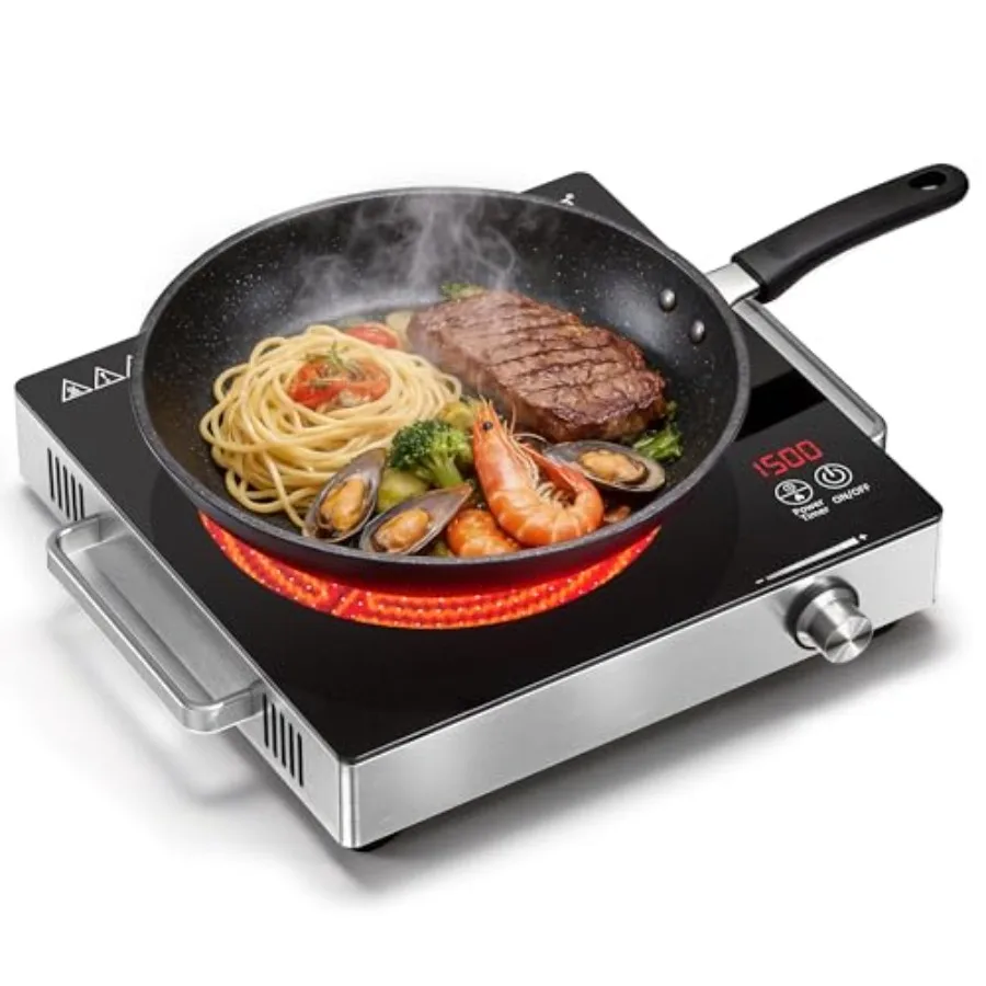 1500W Portable Infrared Hot Plate Single Burner Electric Cooktop with Knob Control and 3-Hour Timer Countertop Ceramic Burner w
