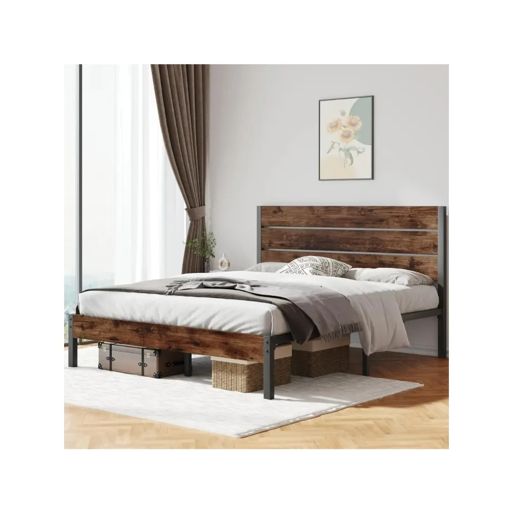 Queen Bed Frame with Headboard and Footboard, with Under Beds Storage, All-Metal Support System,Rustic Brown Queen Bed Frame