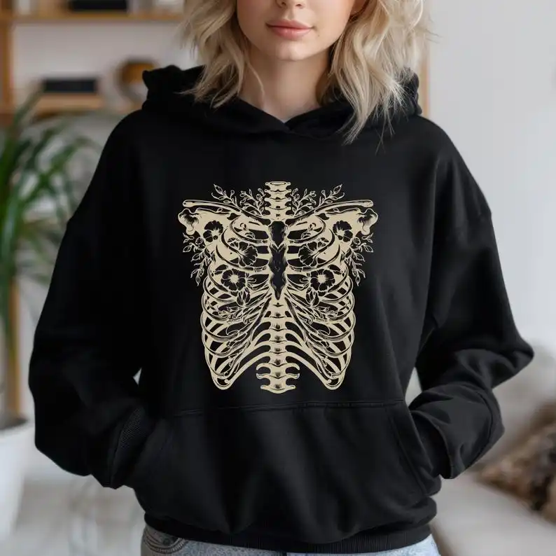 Floral Skeleton Rib Cage T-Shirt, Rib Anatomy for Woman, Trendy Floral Skull Hoodie, Anatomy Art Gift, Spooky Vibes Man Woman