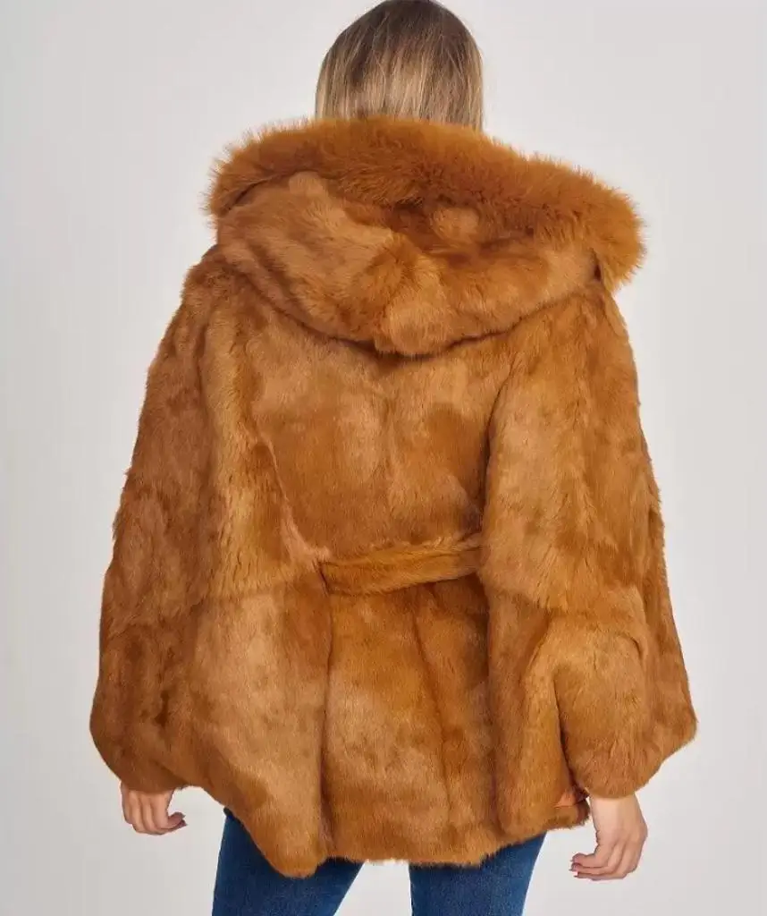 Women's genuine rabbit fur jacket, loose shawl style jacket with waist belt