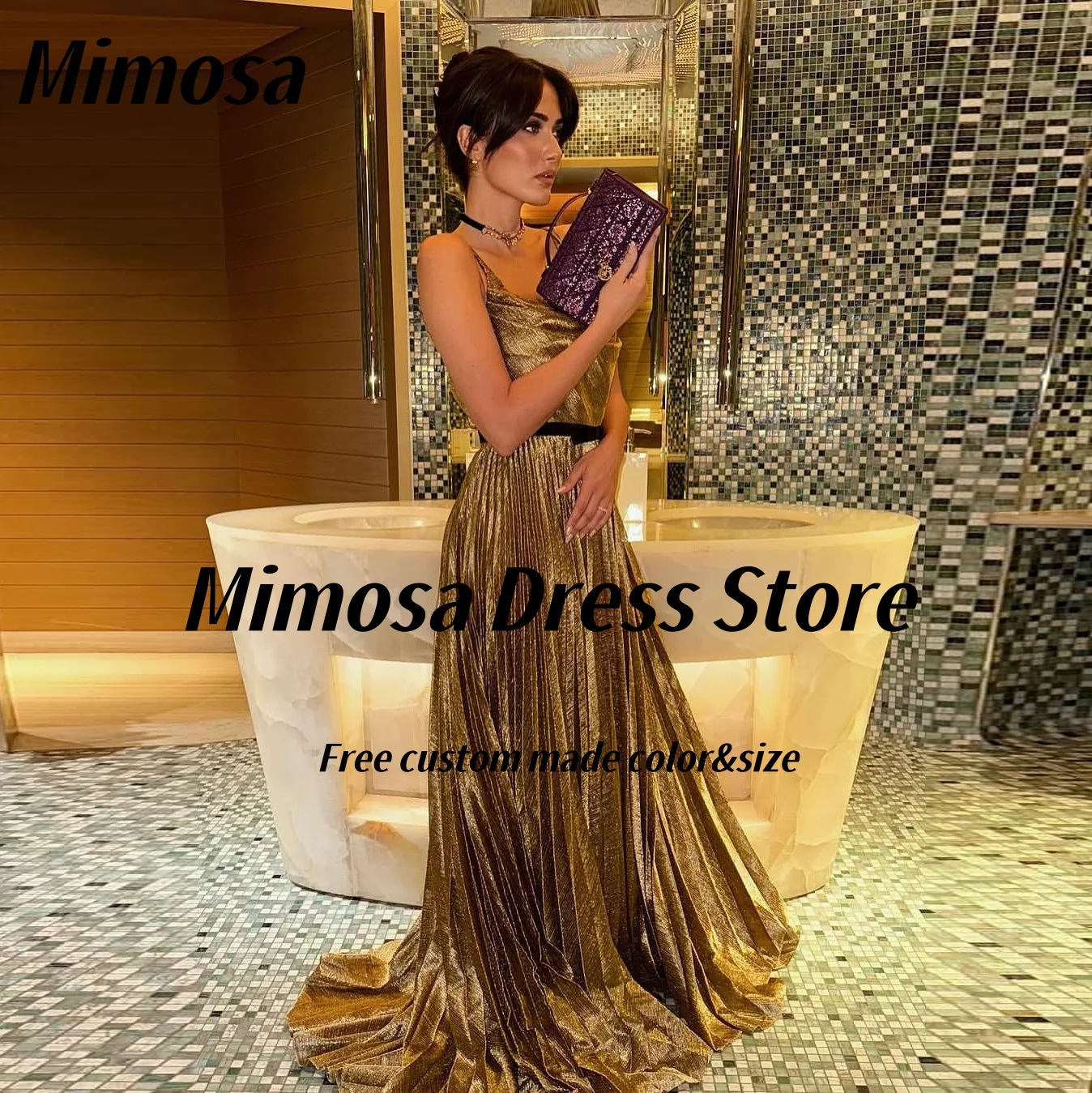 

Mimosa Prom Dresses 2025 Spaghetti Straps Birthday Party Dress with Sash Backless Pleats Long Sweep Evening Gowns Customized