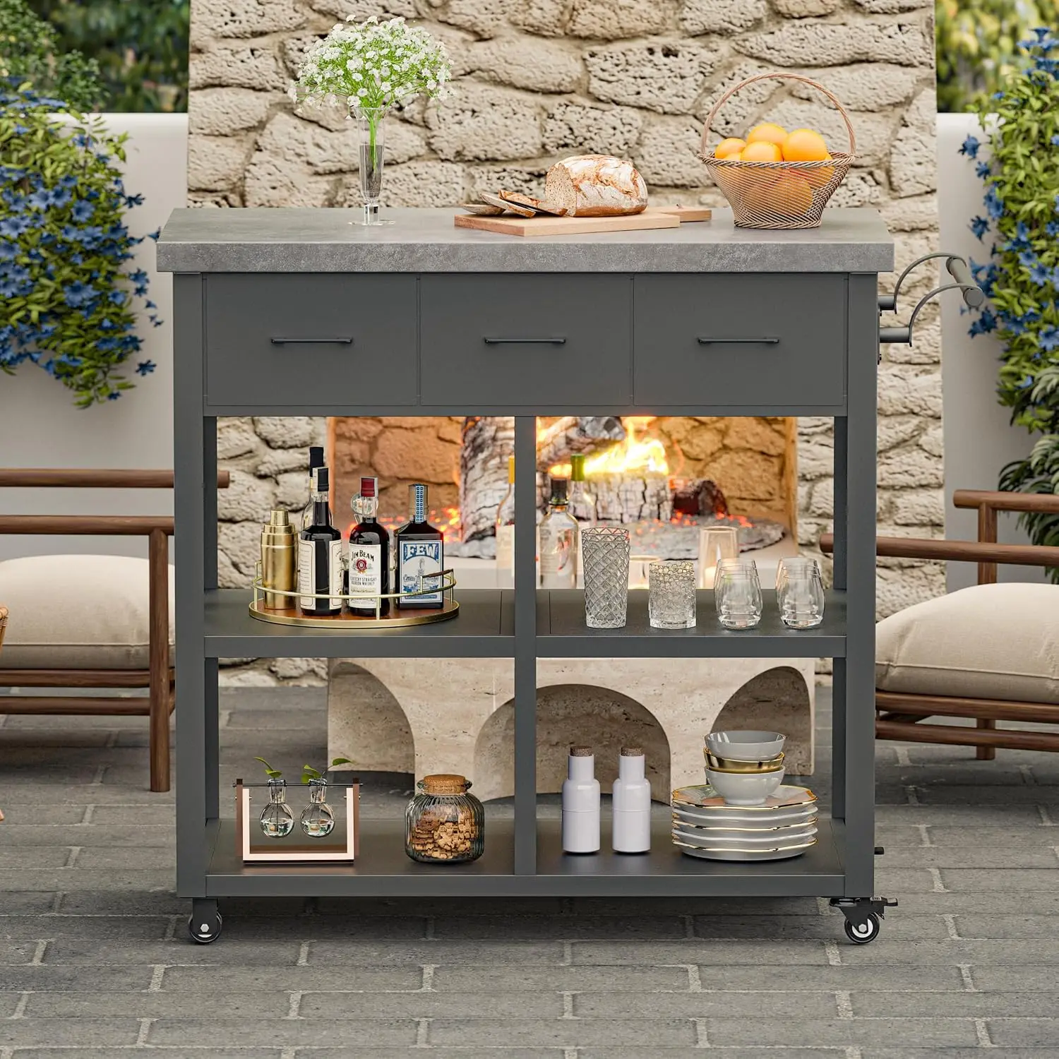 Modern Shade 39" Outdoor Grill Table with 3 Drawers & Marble-Textured Top, Waterproof Grill Cart with Locking Wheels