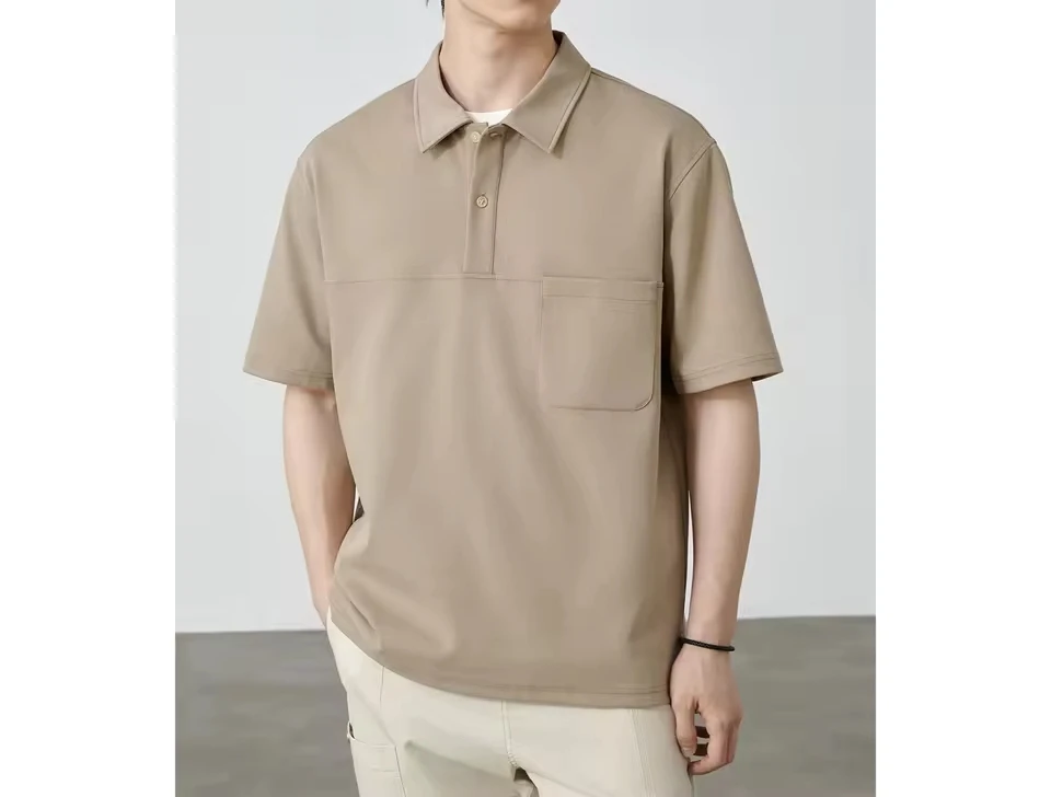 

2025 Summer New Fashion Men's Casual Trendy Solid Color Loose Turn-down Collar Short Sleeve Pullover T-shirts Male Clothes Tops