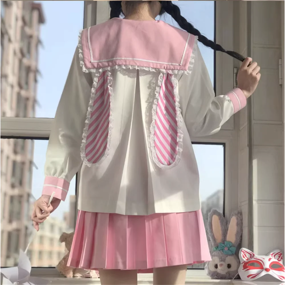 Kindergarten JK Uniform Student Long Sleeve Loose Fall Pink Rabbit Ear Top Short Skirt Lolita Set