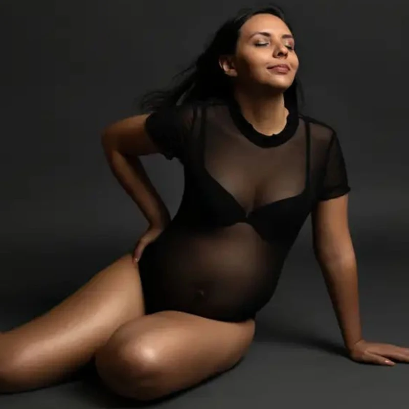 Pregnant Women Clothing See-Through Sexy Mesh Short Sleeve Bodysuit Leotard Maternity Photoshoot Outfit For Baby Shower