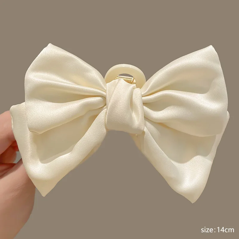 Fashion Double Side Solid Satin Chiffon Big Bows Plastic Large Crab Clips Claw for Women Girls Thick Hair Accessories Headwear