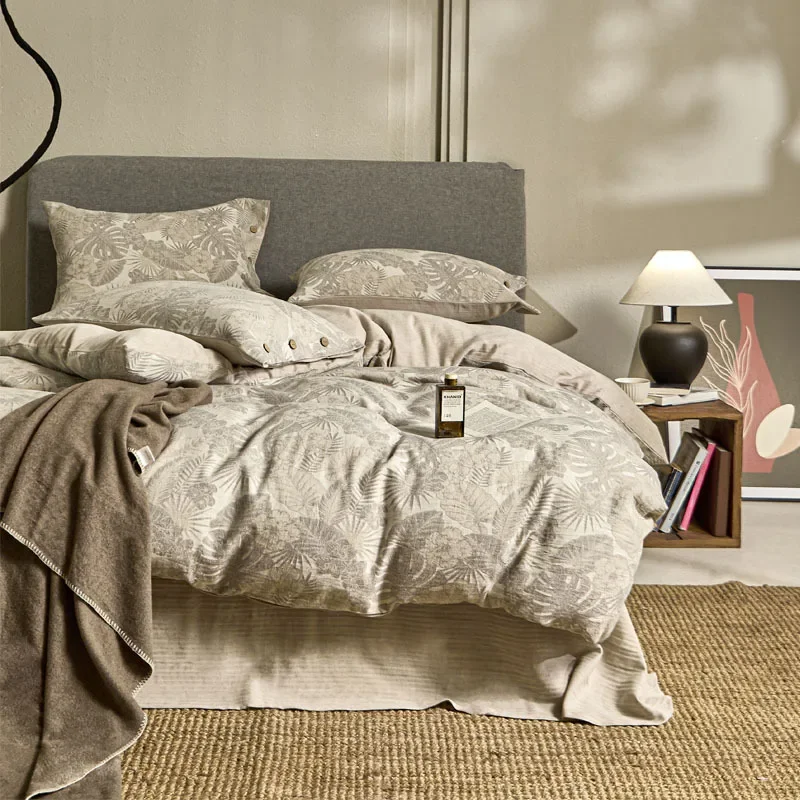 Customizable single double bed sheet washed four-piece set, pure cotton Japanese simple linen bedding