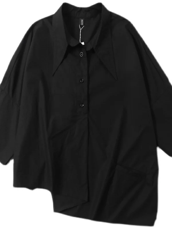 Slimming Effect Dark Unique Design Short Sleeve Women's Loose Fit Pointed Collar Asymmetric Five-Quarter Length Shirt Summer ...