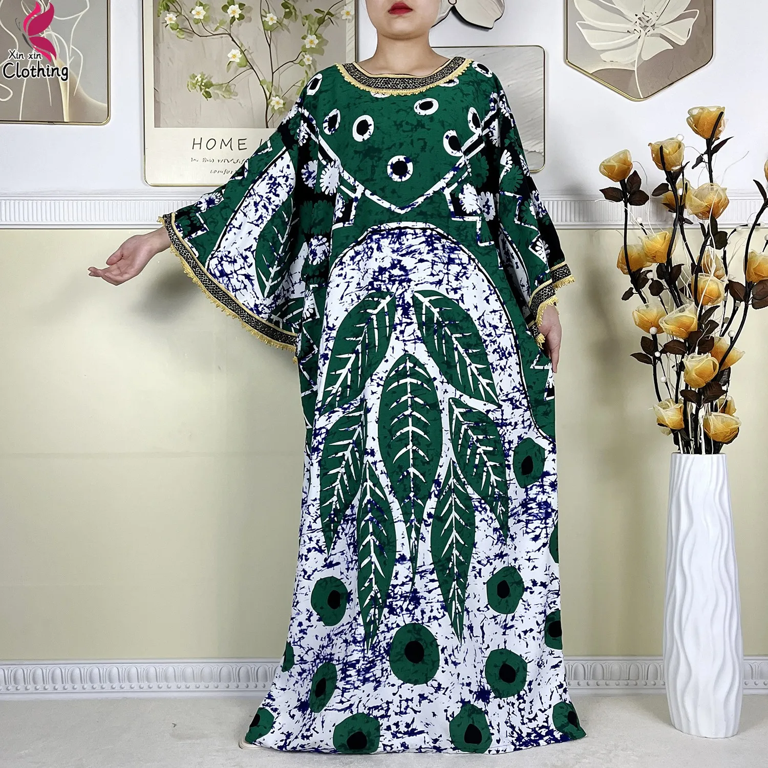 2024 African Abaya For Women Dashiki Dubai New Cotton Batwing Sleeve Loose Femme Robe Printed Caftan Islam Dresses With Hijabs