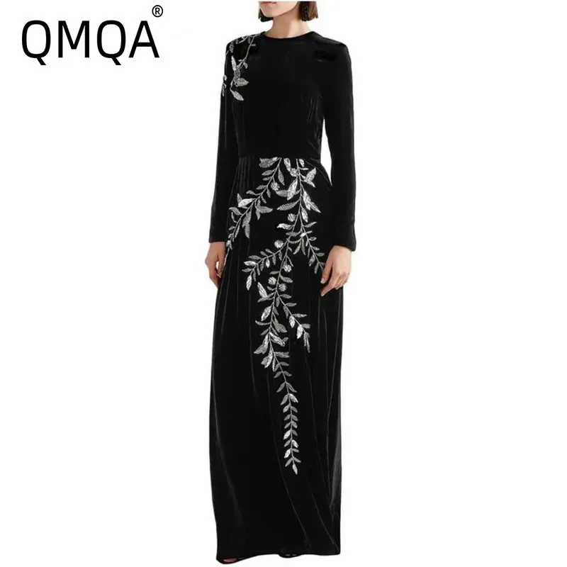 QMQA Fashion Women's Slimming Elegant Dresses O Collar Long Sleeve High Waist Spliced Diamonds Chic Dress Female Clothing 1A817