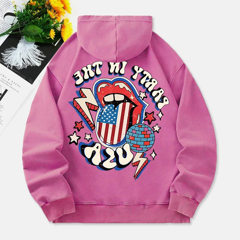 

Party In The Usa Washed Hoodie Womens American Flag Prints Cotton Clothes Warm Pocket Oversize Pullover Winter Womans Streetwear