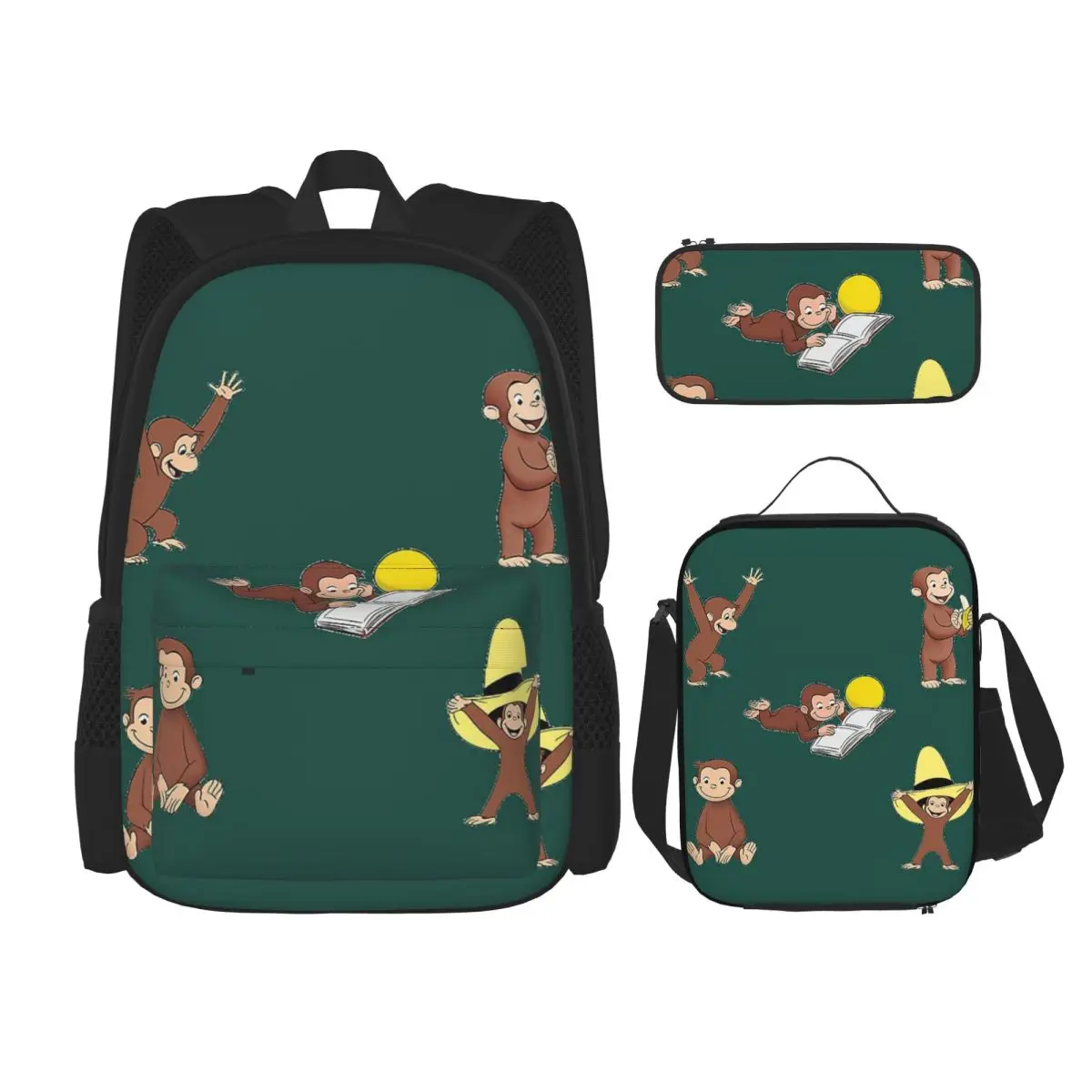 

George The Curious Monkey Cartoon Backpacks Boys Girls Bookbag Children School Bags Rucksack Lunch Bag Pen Bag Three-Piece Set