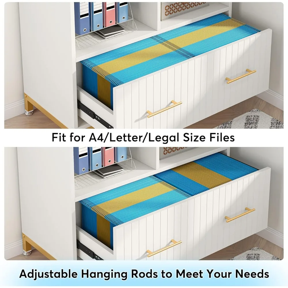 Adjustable Hanging Rod White Lateral File Cabinet for Letter/Legal/A4 Size Files with Drawer, Office Storage Solution