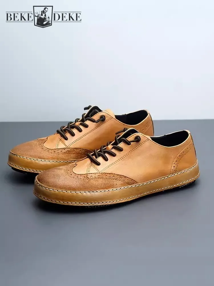 Vintage Wing Tip Brogues Men Platform Slip On Loafers Cowhide Genuine Leather Skateboard Shoes Casual Trainers Joggers Sneakers