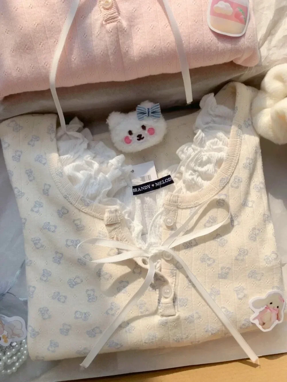 Lolita-T-shirt à manches longues avec nœud patchwork floral pour femme, pull doux, joli preppy japonais, faux deux pièces, rose, doux, fille