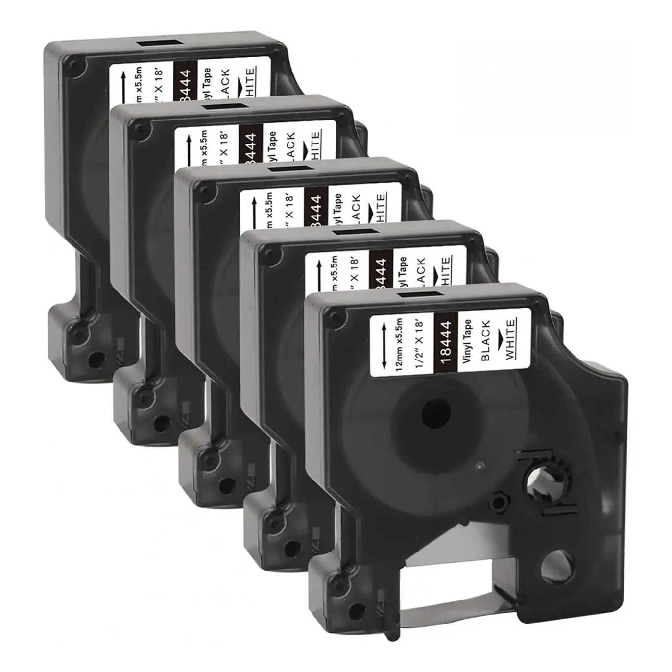 5 Dymo 18444 compatibles cintas rotuladoras cinta de vinilo, negro sobre blanco, 12mm