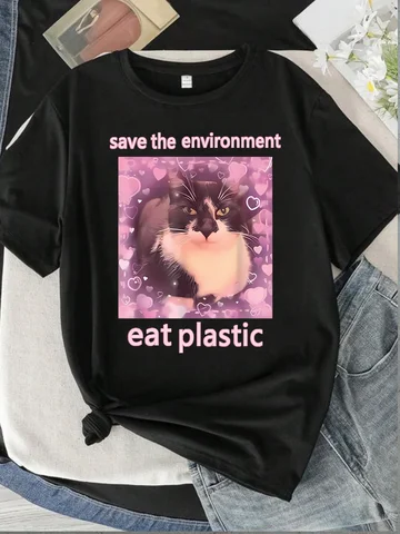 Pink cat Plus size women's round neck short sleeve T-shirt with elastic half sleeves and trendy prints