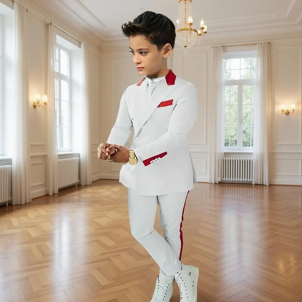 

Double Breasted Fashion Boys Suits 2 Pieces Formal Set Jacket Pants Latest Design Tuxedo Wedding Kids Custom Outfit for Child