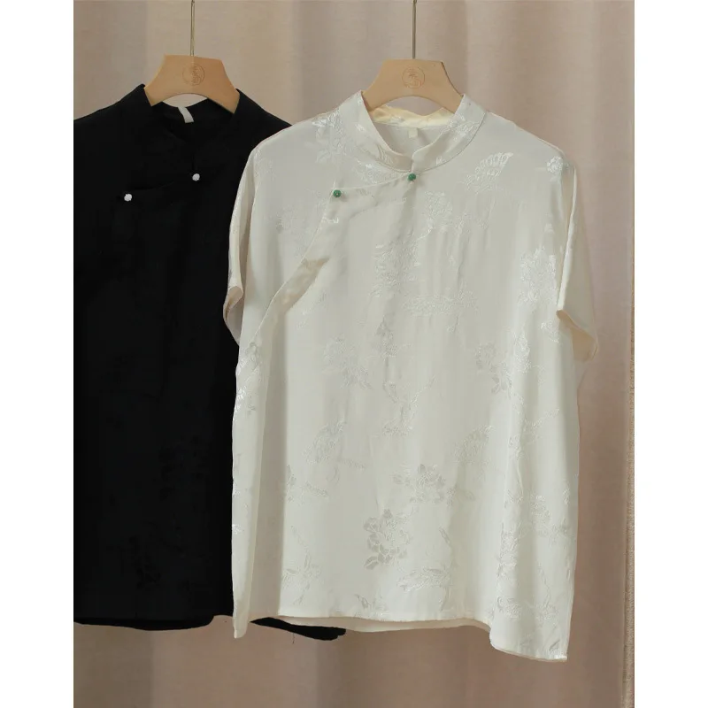 

Summer Women's New Silk Jacquard Chinese Style Oblique Front Standing Neck Pullover Shirt Art Loose Short Sleeve Large Top Thin