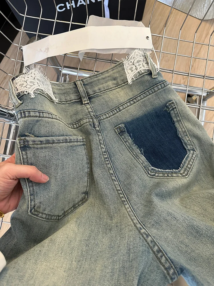 하이웨이스트 스트레이트 레그 다이아몬드 장식 레이스 허리 데님 청바지 여성용 가을 겨울 루즈핏 바닥 길이 바지