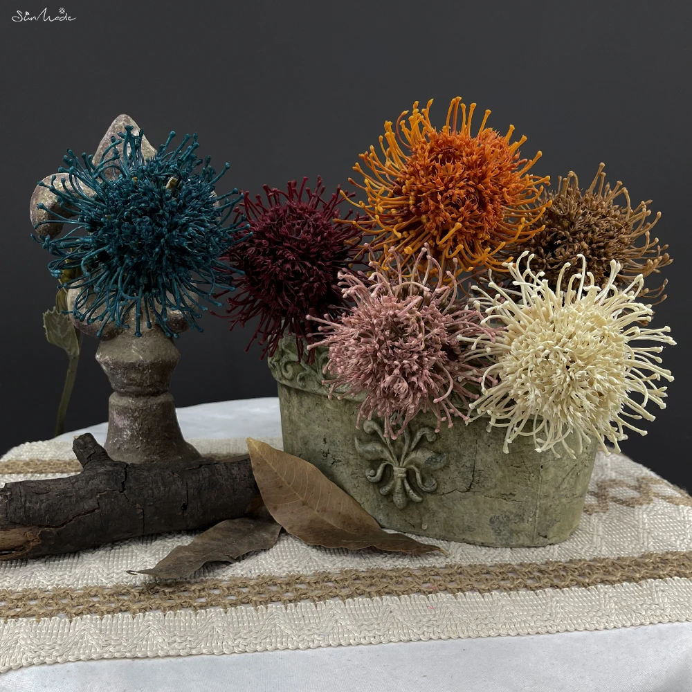 SunMade Flocked Ball Leucospermum Plastic Artificial Flowers Wedding Decoration Flores Artificales Fall Decor Fleur Artificielle