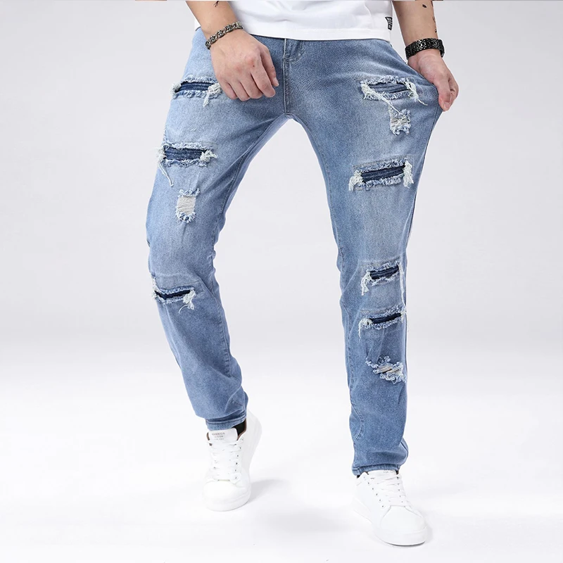 Men's Autumn Light Blue Skinny Ripped Jeans Medium Elasticity Vintage Wash Pants Trendy Streetwear Casual Daily Fashion Trousers
