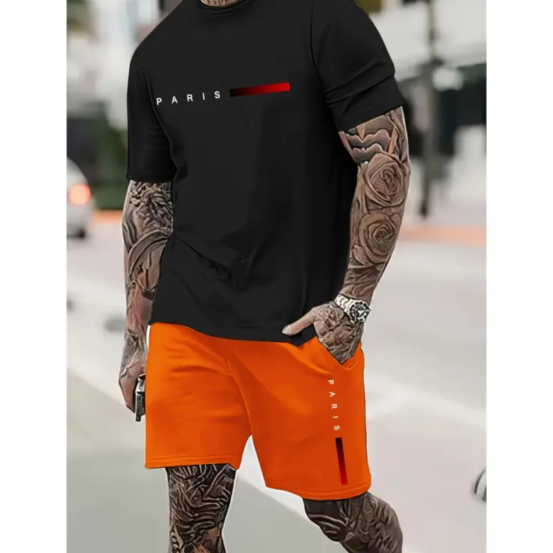 

2025 New Men's Summer Round Neck Short Sleeve Suit Outdoor Sports Breathable Comfortable Shorts Suits Letter Print Casual Set