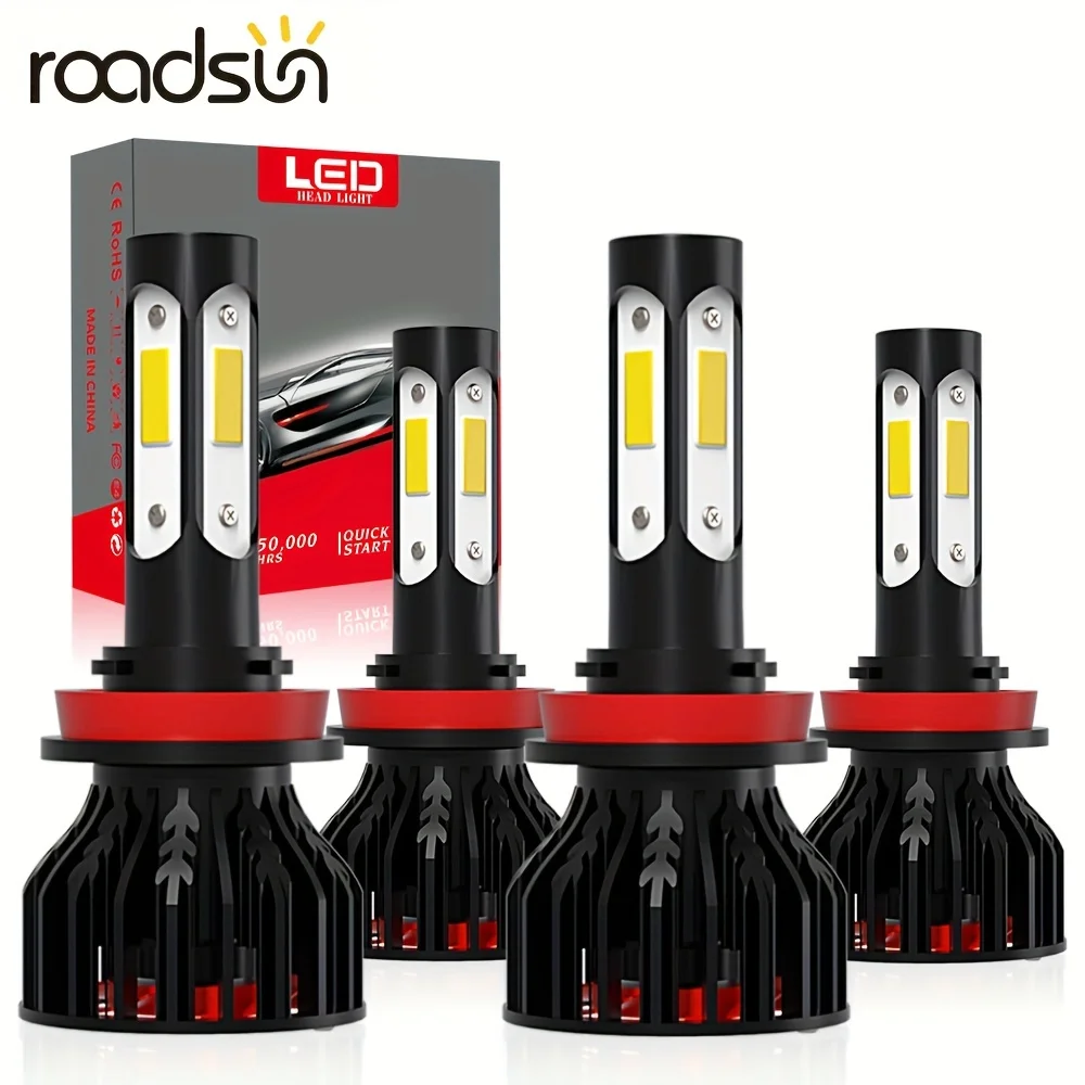 roadsun 4pcs LED Light H11 High Low Beam Bright Lamps Combo 23000LM 150W 6000K Ultra White Four Side COB Chips LED 50000hrs Life