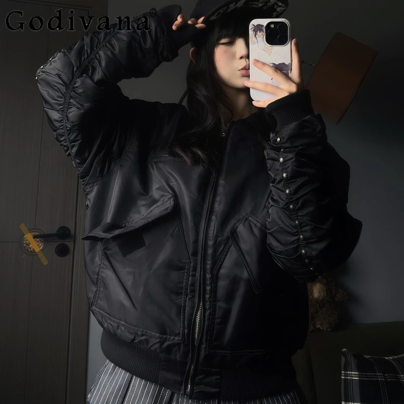 

American Retro Thickened Jacket for Women Winter New Rivet Patchwork Black Cotton Coat Female Long Sleeve Loose Jacket