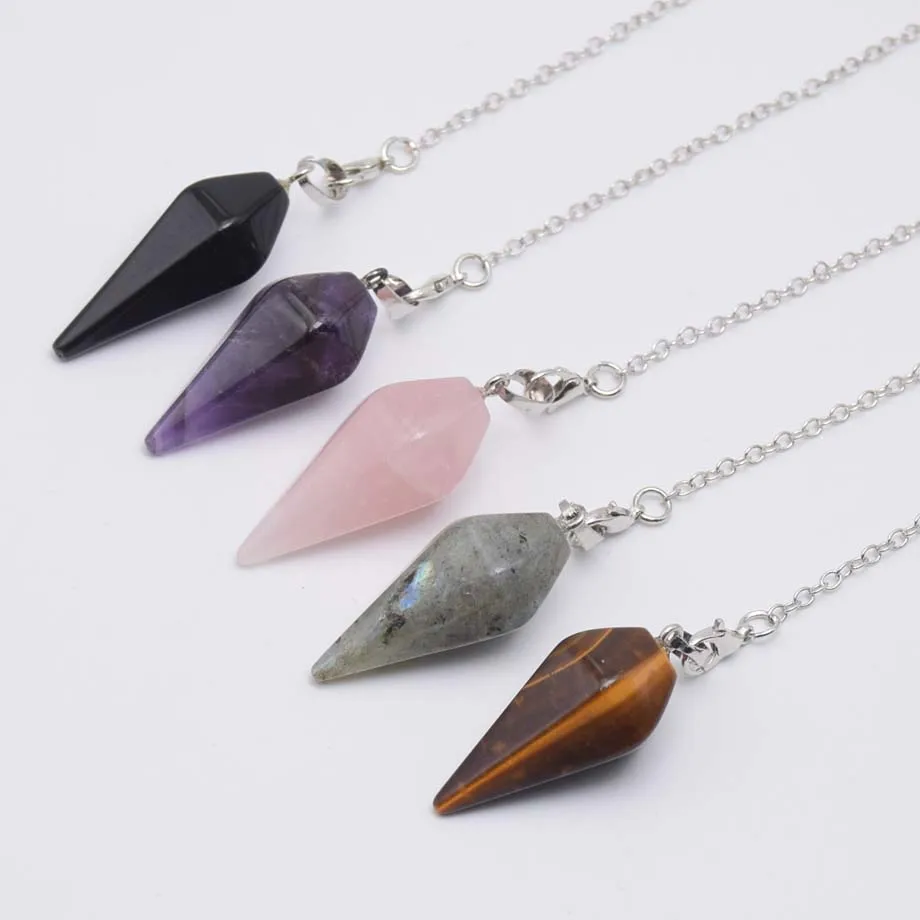 Natural Stone Quartz Healing Pendulum for Spiritual Divination Cone Crystal Pendulos Hexagonal Pointed Pendant Necklace Jewelry