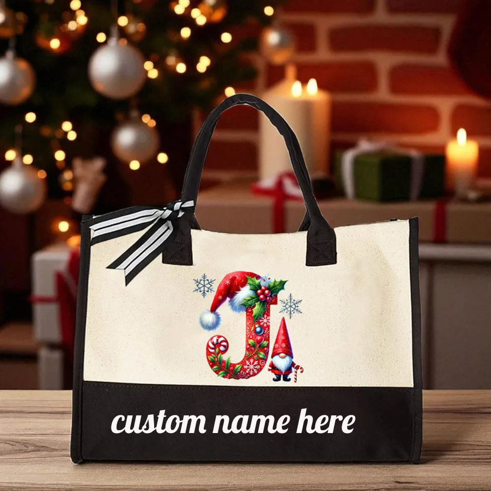 

Customizable Canvas Tote Bag Personalized Name Initial Monogram Scandinavian Christmas Holiday Gift Large Capacity Shopper Bag