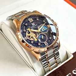 Tourbillon Skeleton Mechanical Watches Starry Sky Moon Phase Diamond Luminous Dial Steel Strap Luxury Brand Automatic Mens Watch