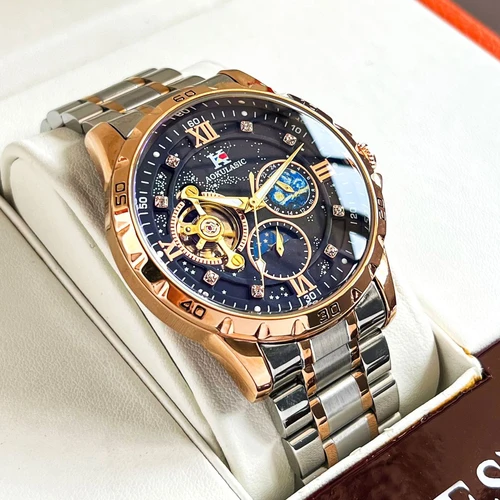 Tourbillon esqueleto relojes mecánicos cielo estrellado fase lunar diamante Esfera luminosa correa de acero marca de lujo reloj automático para hombre