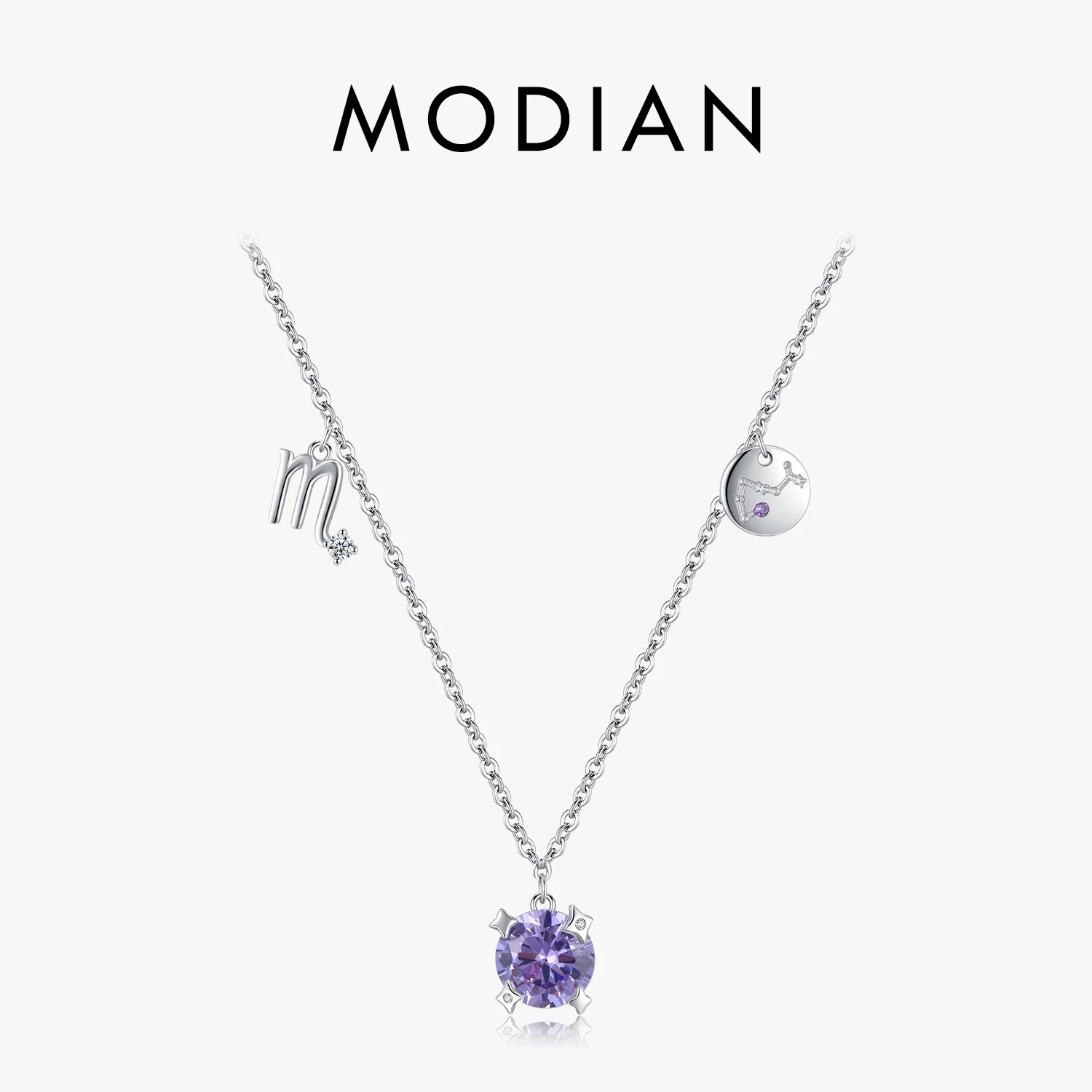 

MODIAN Constellation Series Scorpio Symbol And Brand Purple Zirconia Pendant Necklace 925 Sterling Silver Fine Jewelry For Women
