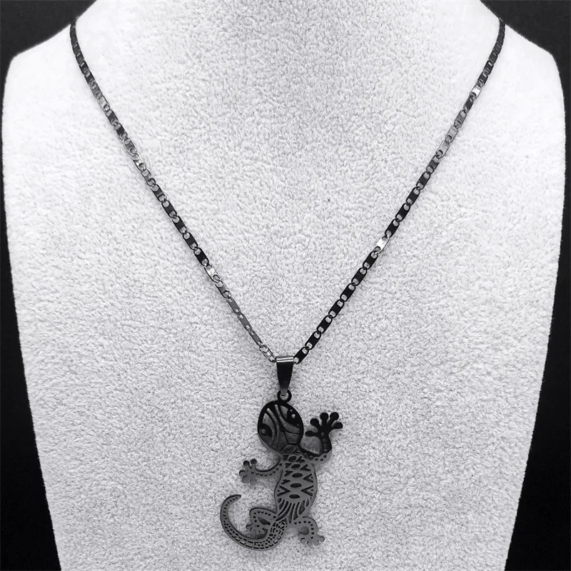 Goth Lucky Lizard Gecko Hollow Necklace for Men Women Stainless Steel Black Color Wildlife Reptile Necklaces Jewelry NZZZ515S03